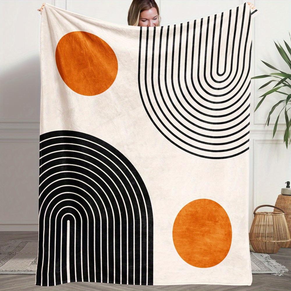 Boho Abstract Geometric Flannel Throw Blanket Black Line Arch Orange Circle Mid Century Blanket