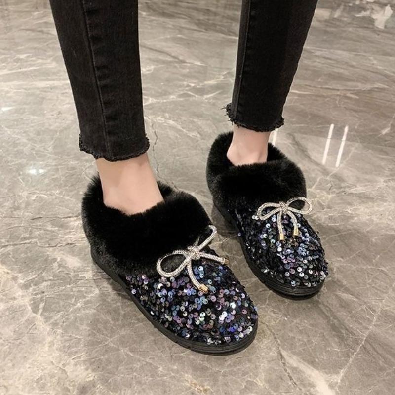Sequins Bow Flat Snow Boots for Women Winter Round Toe Woman Shoes Padded Comfortable and Elegant On Offer Y2k Work Furry Boot