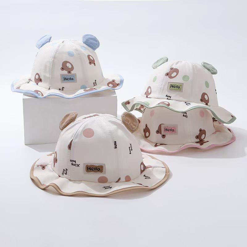 Kids Sun Hat With Large Brim Cotton Cartoon Bear Pattern For Baby Sun Protection