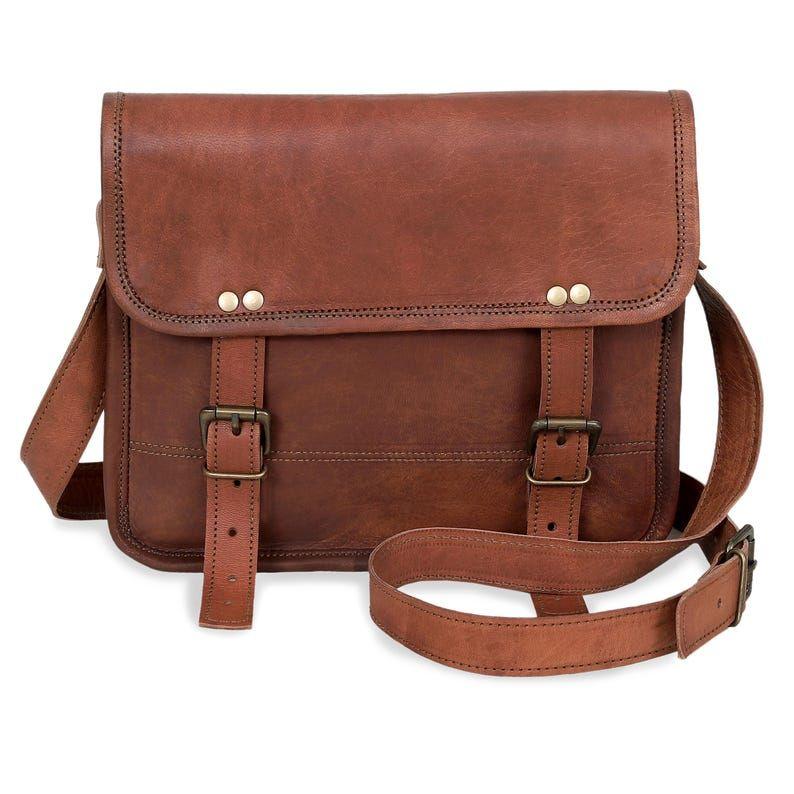 Goat Leather Messenger Bag: Personalized Tablet Satchel, Brown Crossbody