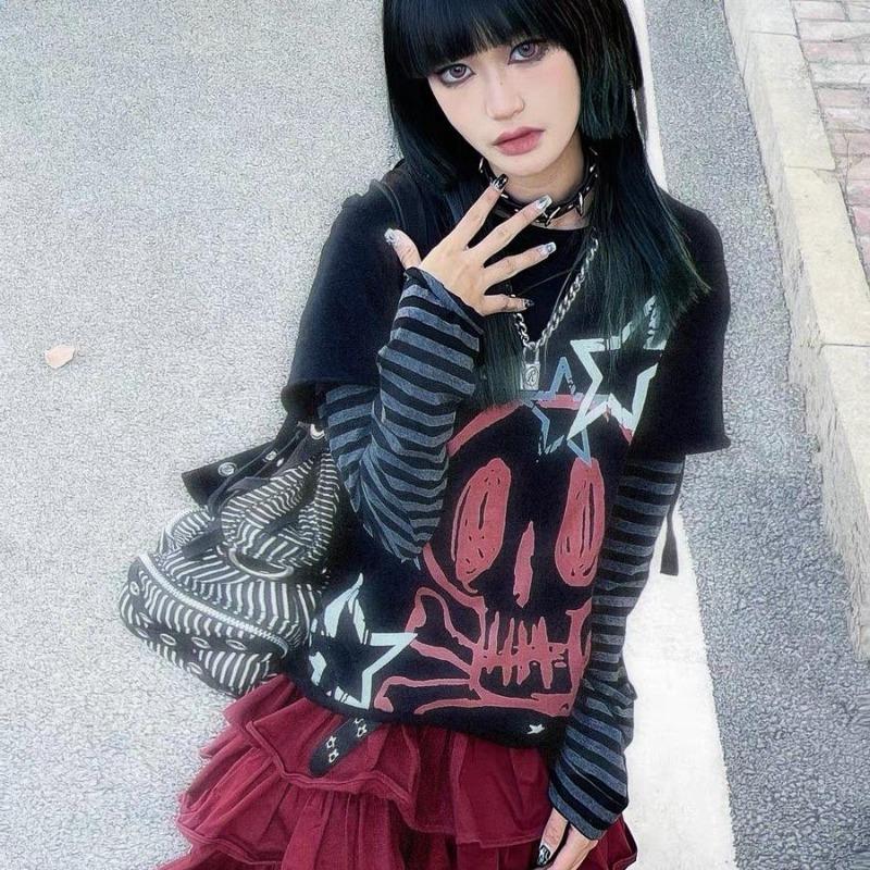 2KWEIRD Japanese Y2k Aesthetic Long Sleeve Graphic T Shirt Women Kawaii Cartoon Print Ripped Hollow T-shirt Harajuku Grunge Tee