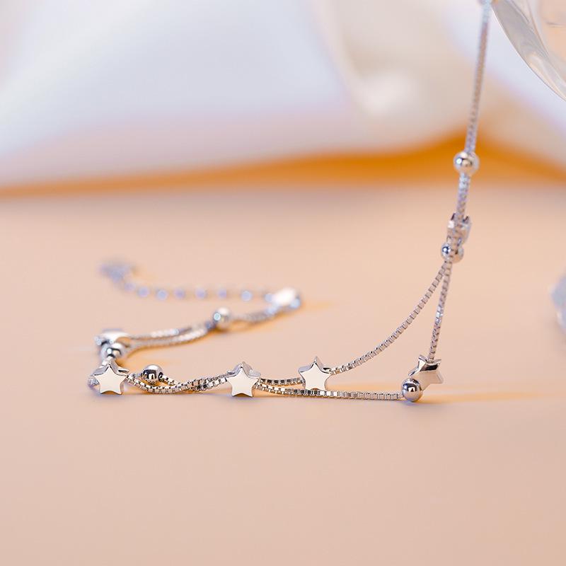 S925 Sterling Silver Double Star Layered Bracelet - Korean Style, Versatile Design, Perfect Gift for Girlfriend