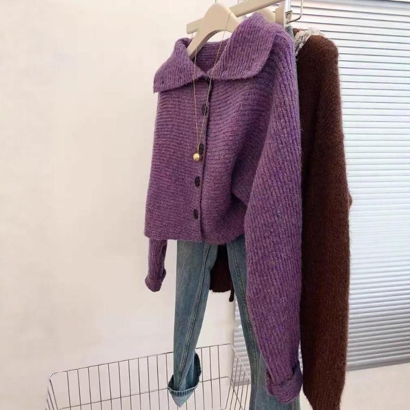 Purple Turtleneck Knitted Cardigan Sweater Jacket Women's New Early Autumn Wear Small Short Top