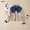 Women Casual Turn Down Collar Long Sleeve Patchwork Blouse