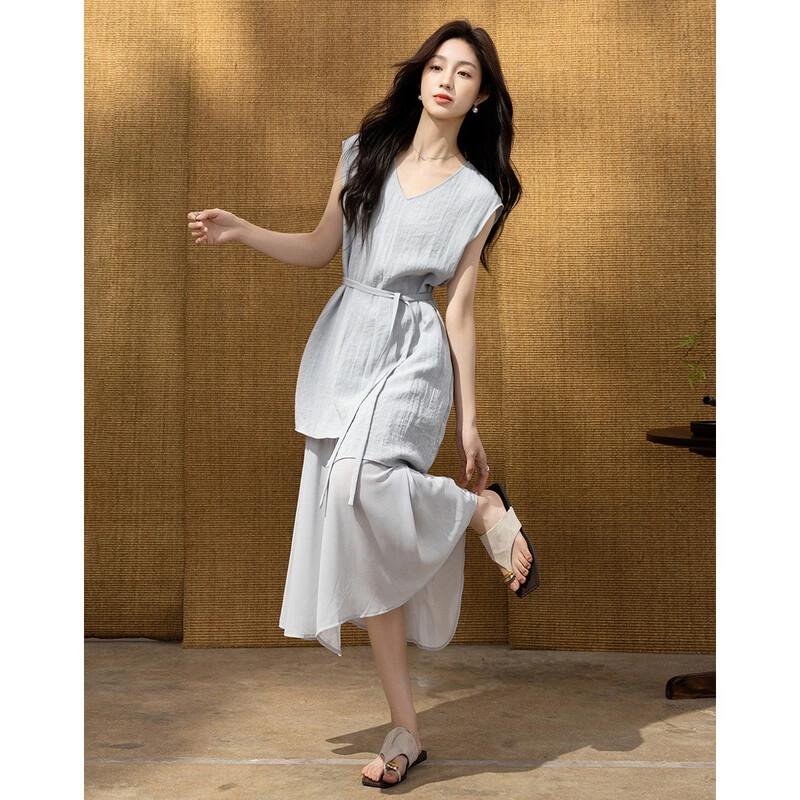 Demana Summer V-Neck Sleeveless Irregular Hem Dress L