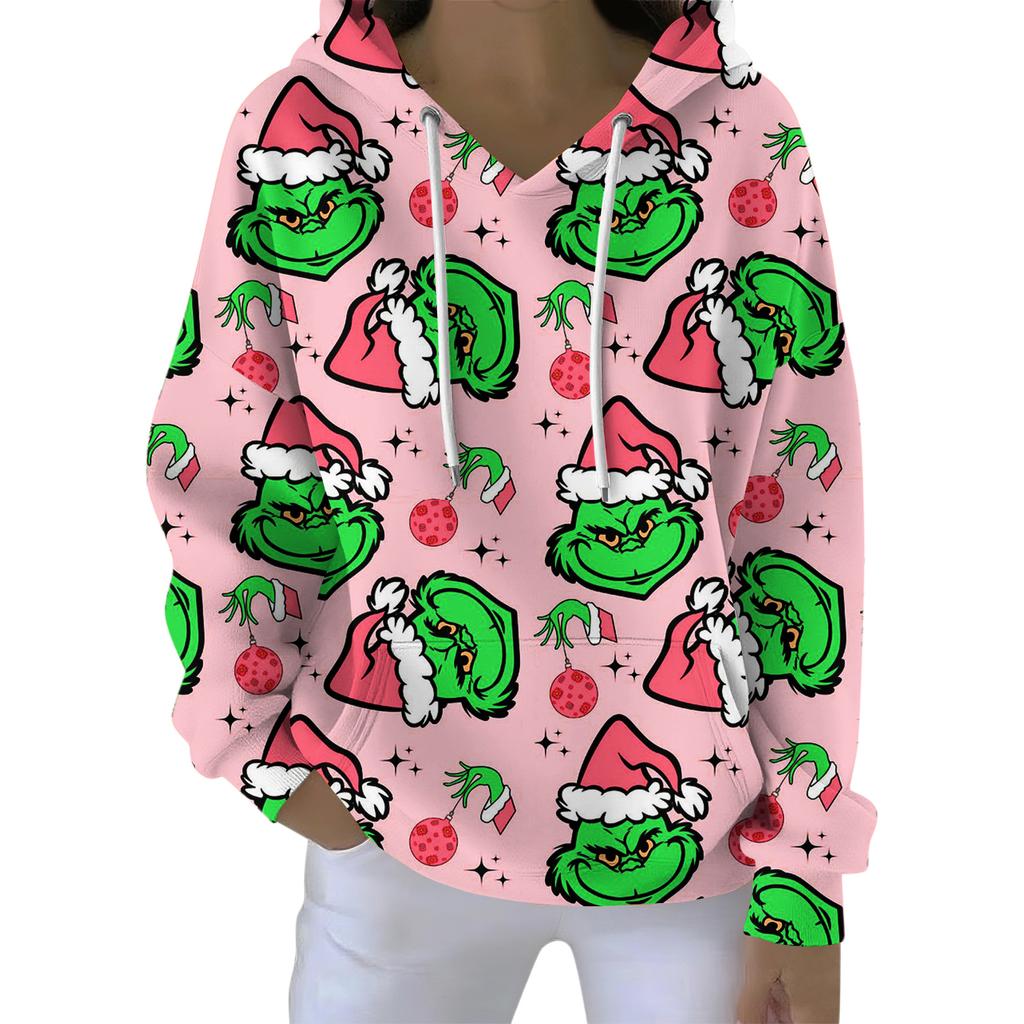 Ladies' Loose And Comfortable Drawstring V-neck Long Sleeved Christmas Printed Sweatshirt