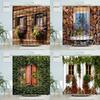 European Town Window View Shower Curtain Green Plants Flowers Vines Vintage Old Wooden House Wall Door Bathroom With Hook Screen