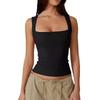 Women square neck wide strap ruched tank top solid white slim casual camisole