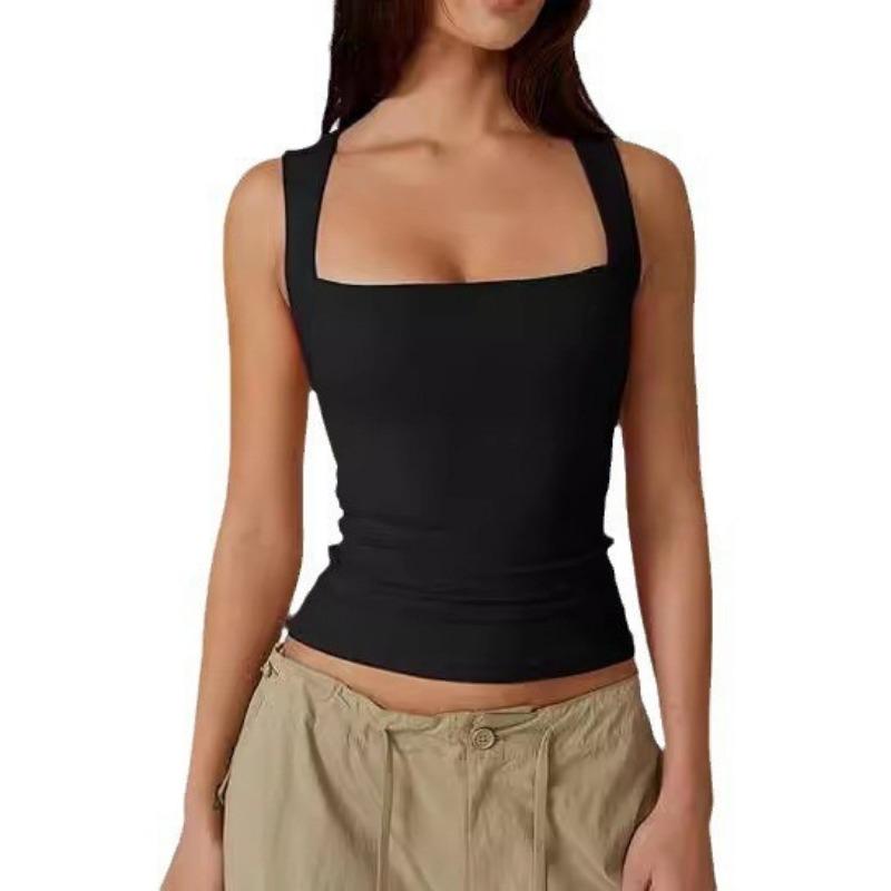 Women square neck wide strap ruched tank top solid white slim casual camisole