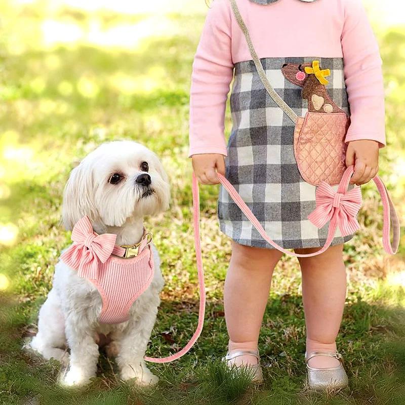 Cute Bowknot Dog Harness Leash Set Adjustable Breathable Fashion Printed Pet Vest for Small Medium Dogs Cats Outdoor Walking