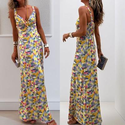 Novo Vestido Longo de Alça Fina Estampado de Primavera com Decote em V