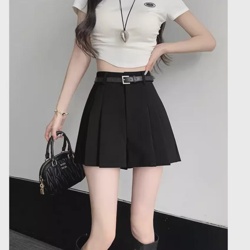 2024 Women's Summer High-Waisted Gray A-Line Skort: Slim, Loose, Pleated Shorts Skirt, Wide-Leg Design