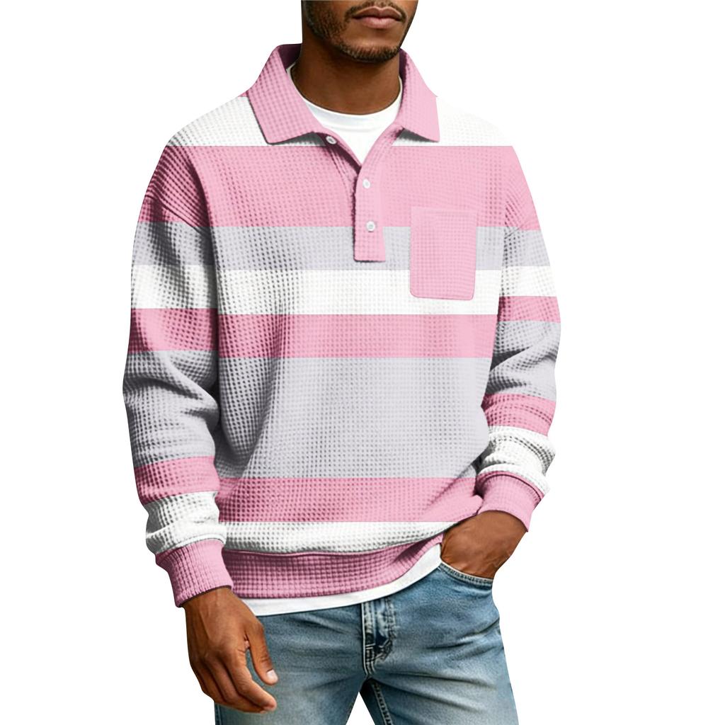 Men's Striped Single Breasted Long Sleeved Shirt With Collar And Pockets  Casual Sports T,shirt