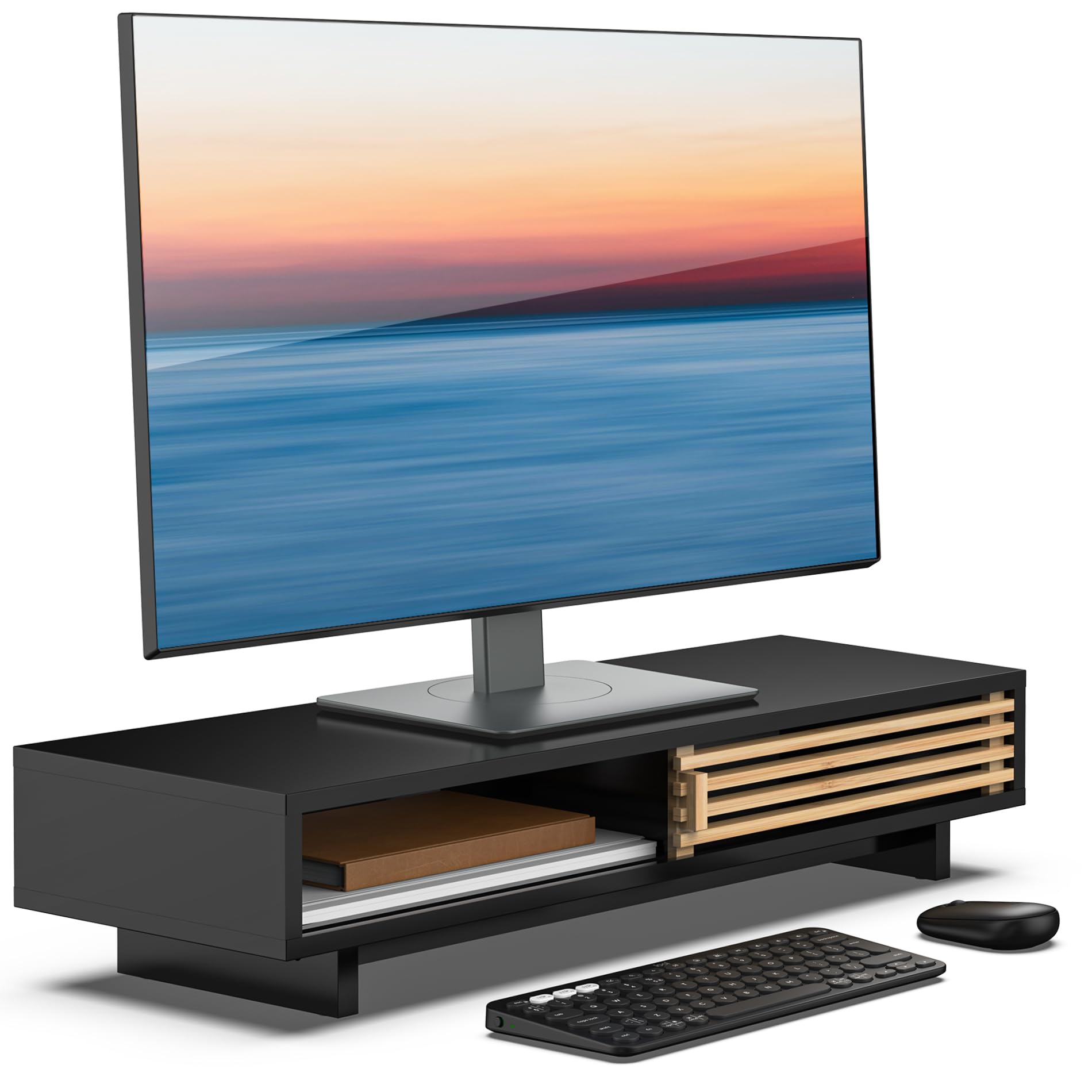 

WELL WENG Монитор Настольный компьютер 64 см Деревянная столешница с решетчатой выдвижной подставкой для ПК монитора компьютера Настольный дисплей Черная подставка, Подставка, Широкий, чёрный