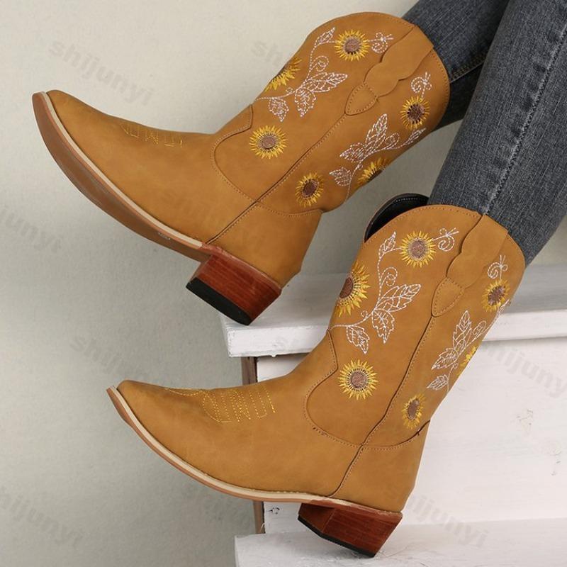 Fashion Women's Boots Autumn Winter PU Leather Printed Embroidered Boots Classic High-top Casual Women Shoes Ladies Boots Botas Mujer