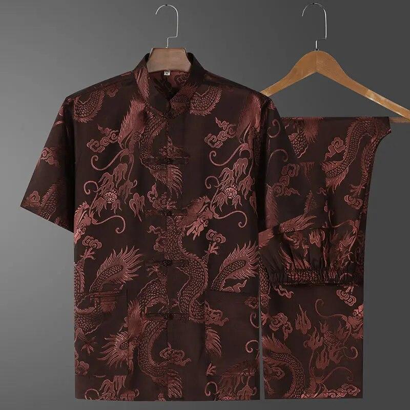 Chinesischer Stehkragen Tang-Anzug Männer Kurzarm Vintage Hanfu Kleidung Handknopf Cheongsam Casual Dragon Kong Fu Kleidung