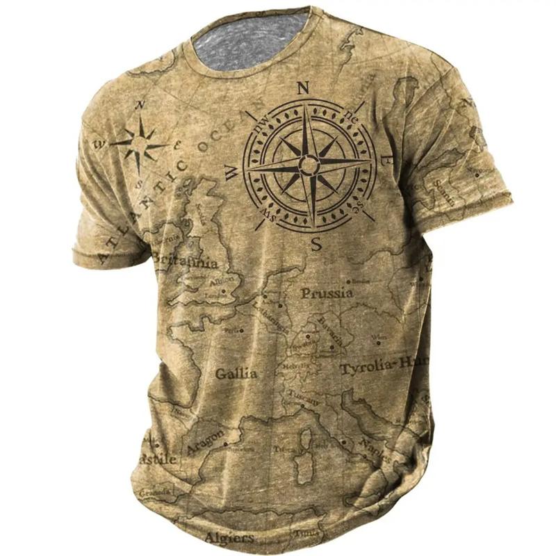 Vintage Compass Pattern T-Shirt For Men Navigation Map 3D Printed Tees Summer Fashion Casual Loose Street Tops O-Neck T Shirts