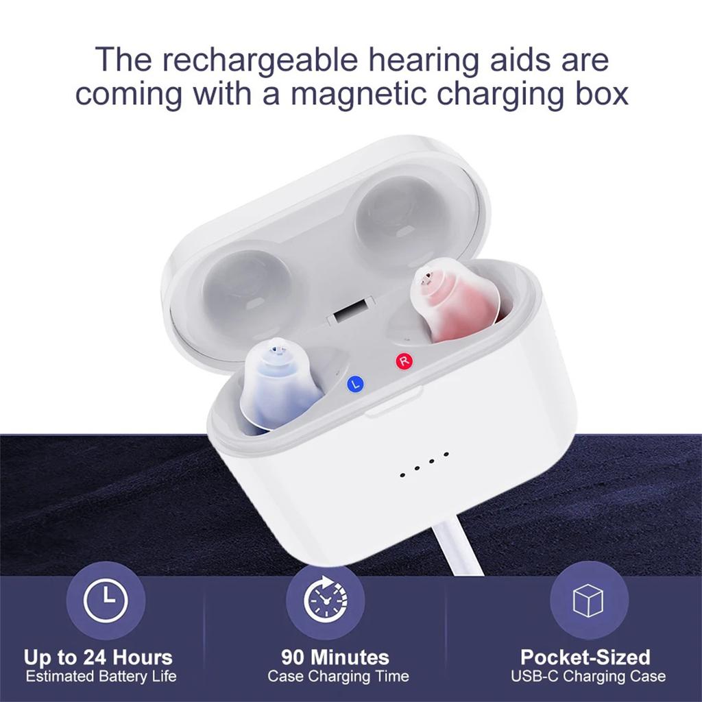 Red and blue magnetic charging case in-ear digital hearing aid with noise reduction