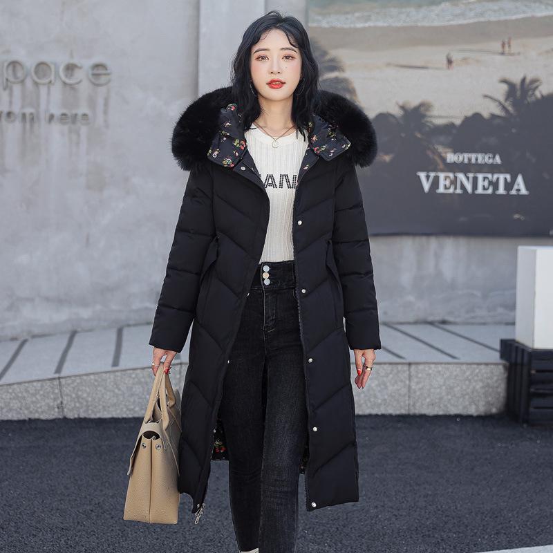 

Женское двухстороннее хлопковое пальто длиной до колена с большим меховым воротником-капюшоном - новая зимняя мода.