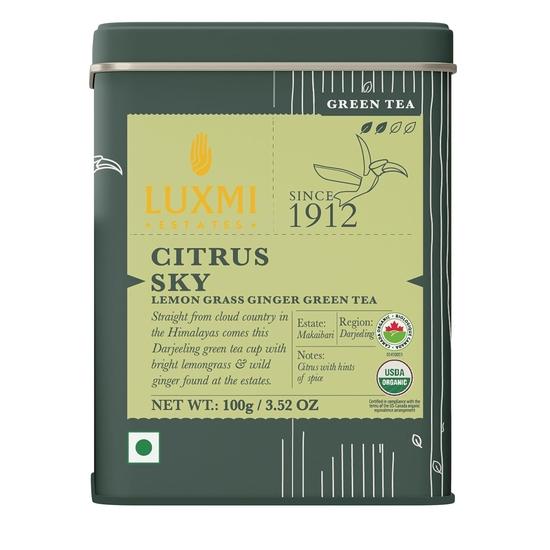 Luxmi Estates Citrus Sky Lemongrass Ginger Green Tea - 100gm Tin Loose Leaf | Certified Organic Darjeeling | Natural Lemon Balm Tea
