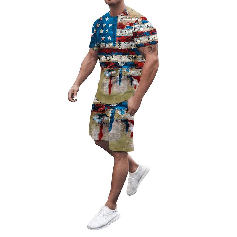 Pánské sady triček USA Americká vlajka 3D tisk Teplákové soupravy Trička Šortky 2 kusy Streetwear Pánské oversized obleky Sportovní oblečení