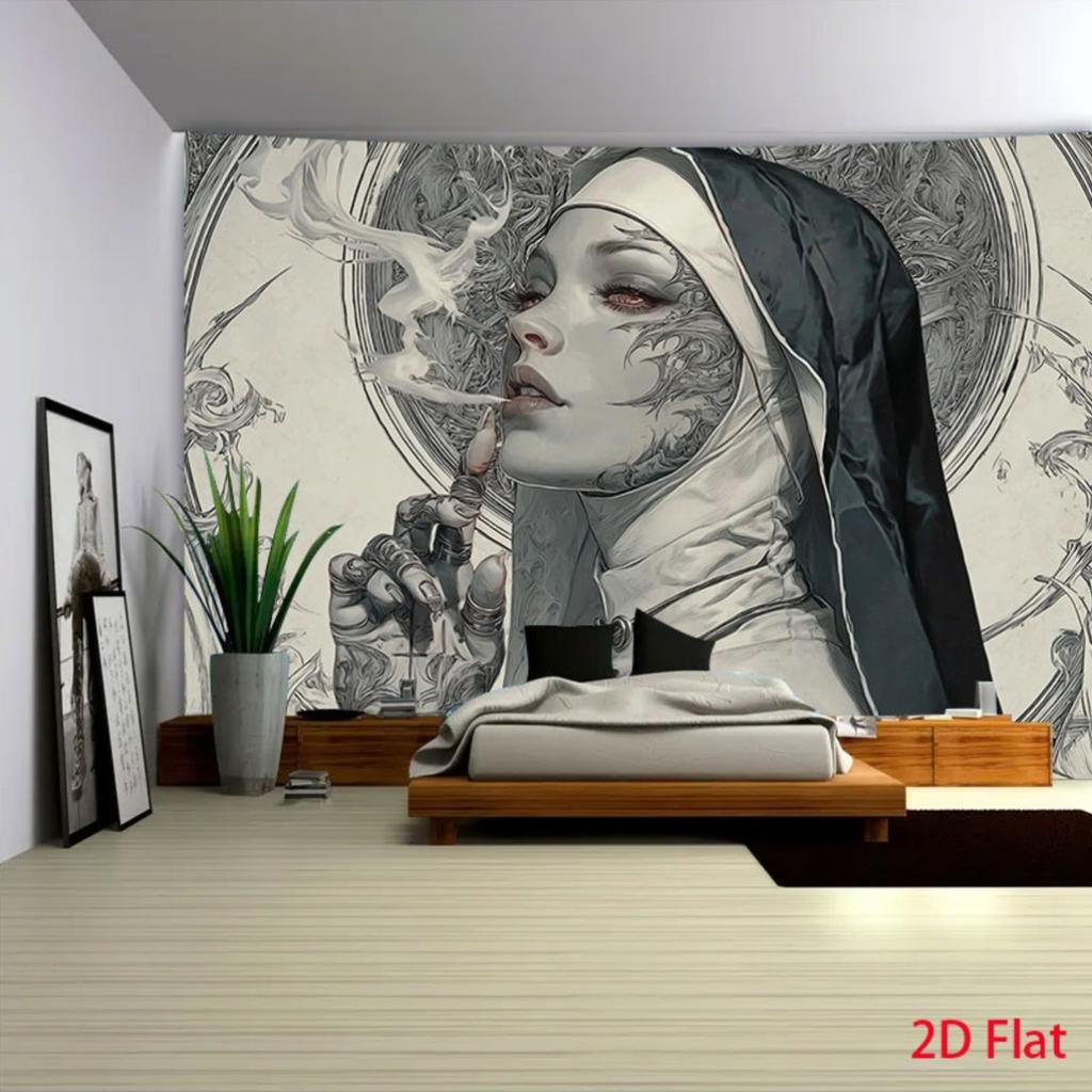 1 piece 2D flat dark gothic-punk spiritualist gothic nun background banner suitable for parties.PMJ