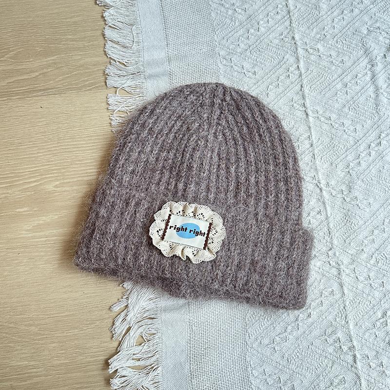 Big Head Circumference Patch Lace Knitted Wool Hat Women's Year Autumn and Winter Face Small Versatile Hat Ear Protection Cold Hat