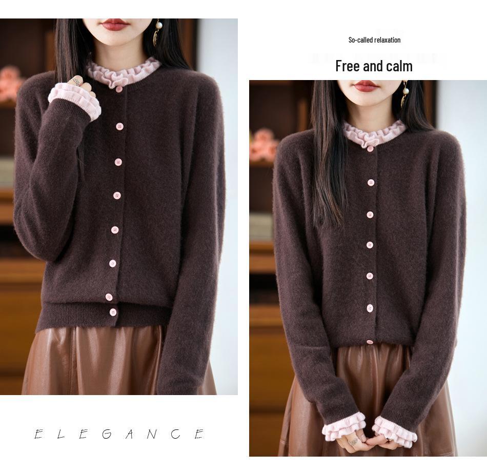 Women's 100% Pure Wool Ruffle Edge Cardigan - Autumn Loose Knit Cashmere Sweater