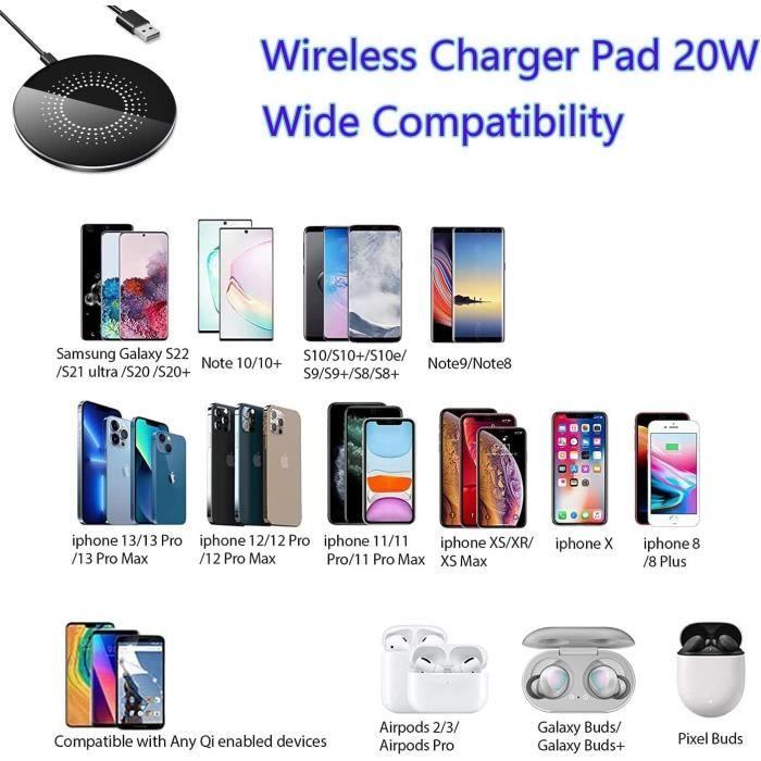 Chargeur sans Fil 20W Compatible avec Samsung Galaxy S24/S23/S22/S21/S20/S10,Chargeur sans Fil Qi Compatible avec iPhone 14/13/12
