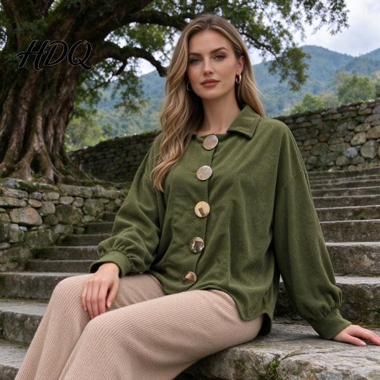 Laternenärmel Mantel Damen Cordjacke mit großen Metallknöpfen Lässig Damen für Herbst Winter Lockere Passform Oversized Kragen Oberbekleidung Knopfleiste