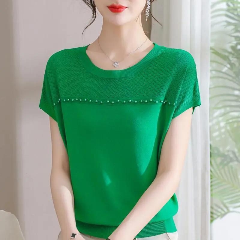 

Жіночі літні однотонні тонкі трикотажні футболки, жіночі елегантні топи з коротким рукавом та круглим вирізом L зелений