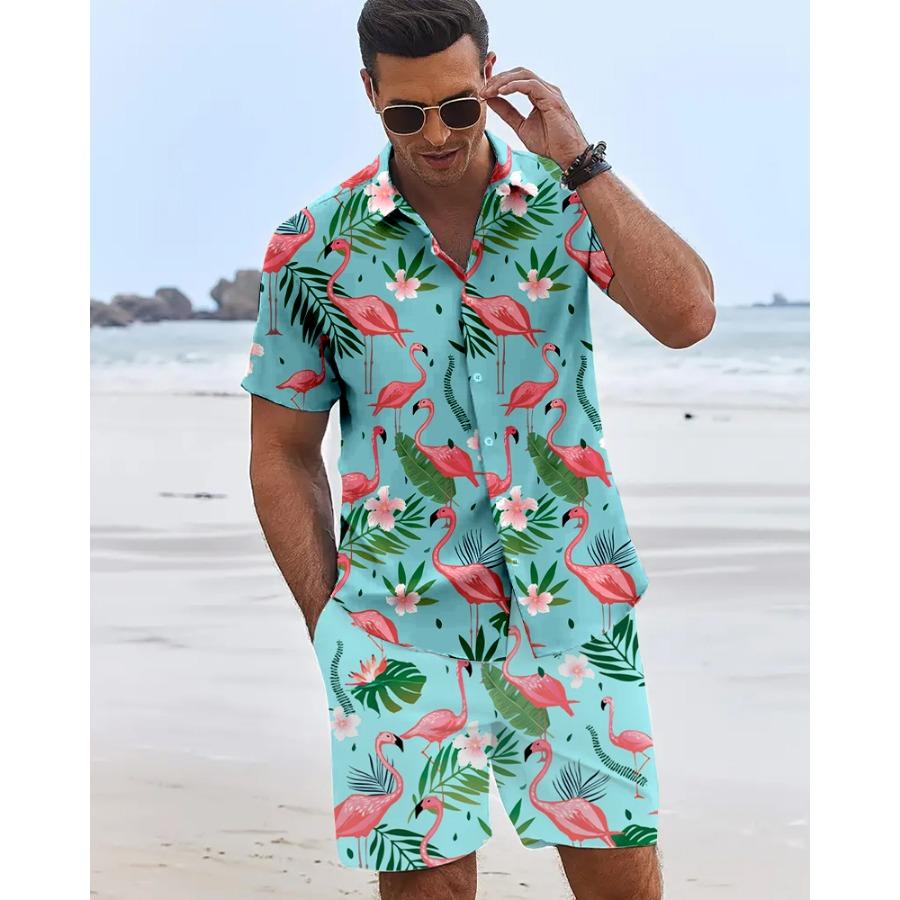 Funny 3D Flamingo Print Men's Shirt Beach Vacation Short Sleeve and Shorts Two-Piece Set