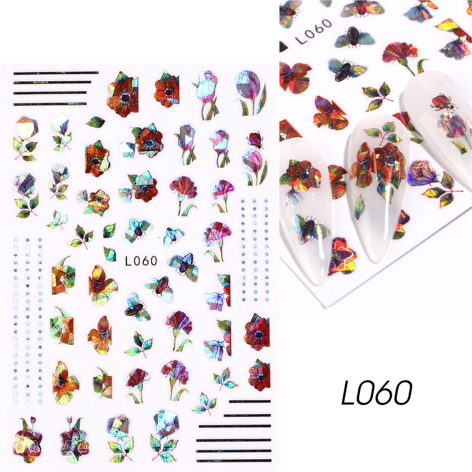 

Блискучі квіти Наклейки для нігтів 3D Лазер Різнобарвне листя Метелик Наклейки Самоклеючі слайдери для нігтів Декор Голографічна фольга HMM