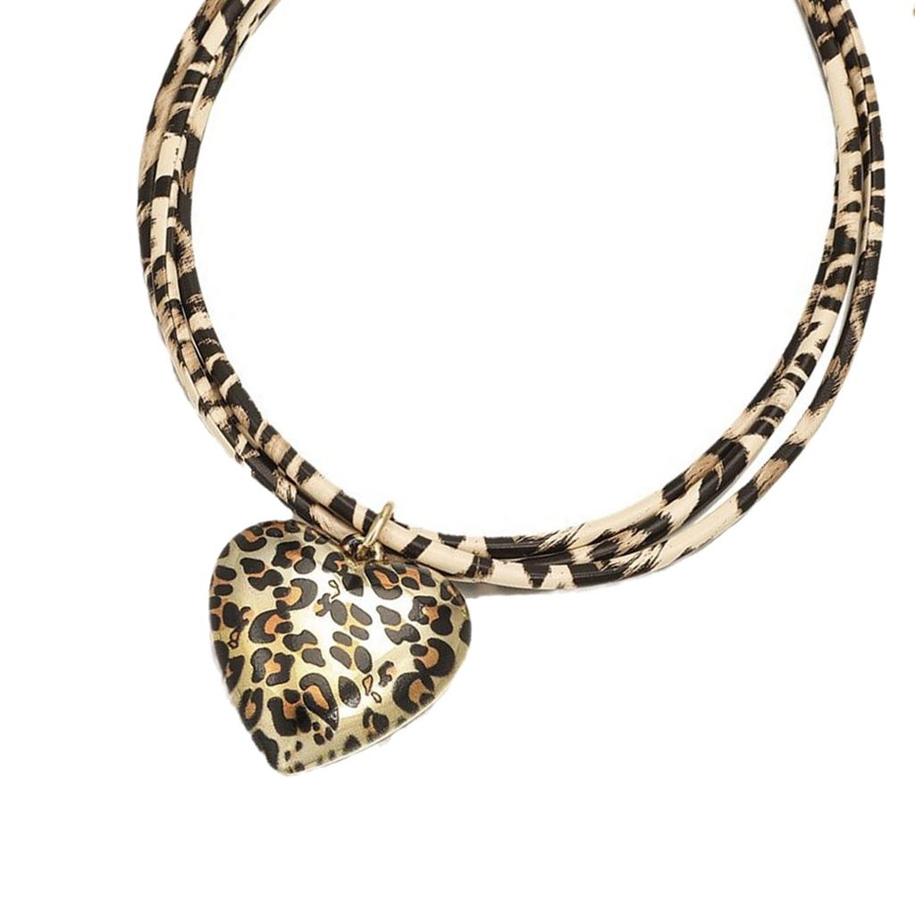 Trendy Double Layer Heart Pendant Necklace with Adjustable Leopard Print Cord Vintage Style Neckchain Jewelry for Women