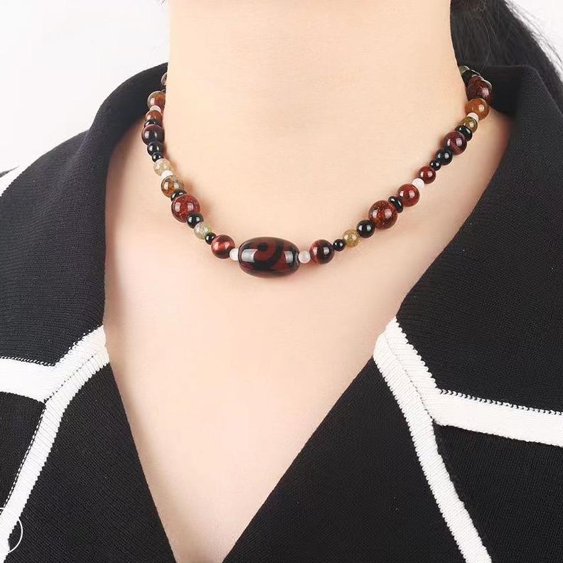 

GEMCHIC Women s Vintage Ethnic Three-Eyed Dzi Bead Necklace Short Collarbone Chain with Colorful Gemstone Beads