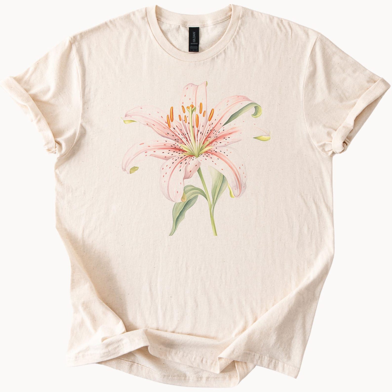 Pink Lily Flower Graphic T Shirt Botanical Floral Tee Artistic Nature Shirt Hand Drawn Bloom Aesthetic Soft Pastel Flower Top 150