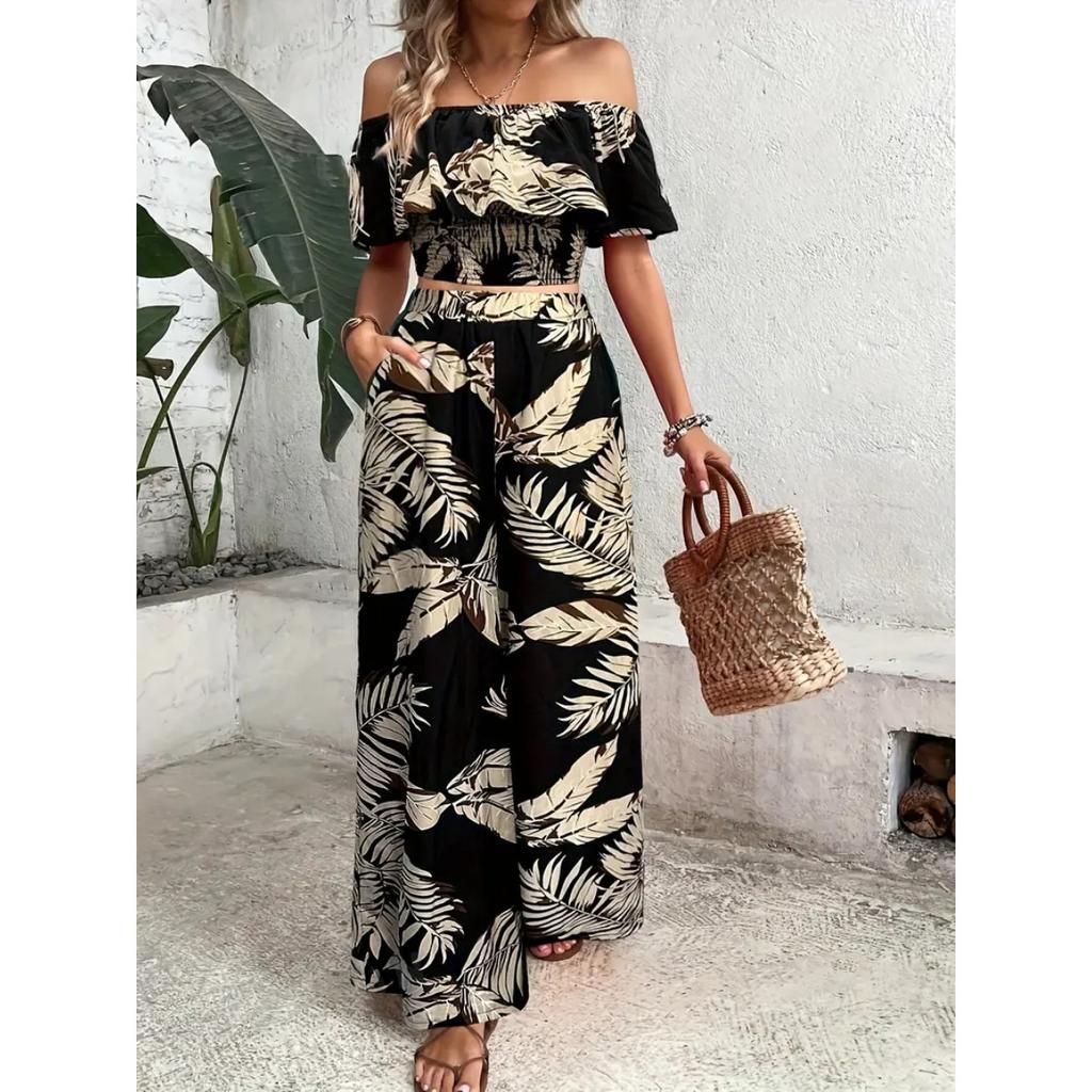 Vacation Jumpsuit Summer Ladies Printed Off-Shoulder Top and Wide Legs Pants Set