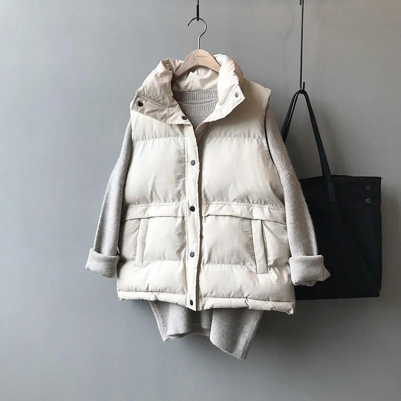 Off White Daunen-Baumwollweste für Damen, kurz, Stehkragen, ärmellos, warm, locker, einfarbig, einfach, lässig, Pendeln, Herbst und Winter