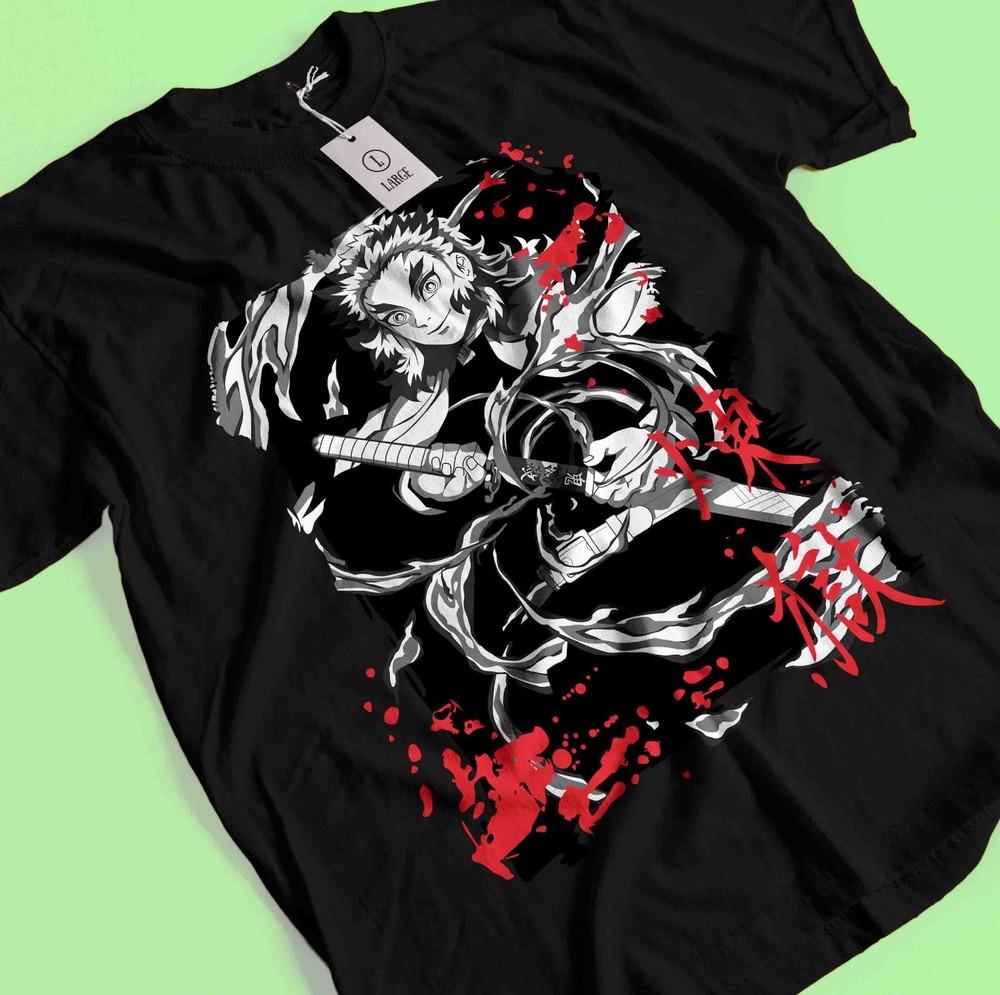

Demon Slayer Shirt Rengoku Kyojuro Tshirt Tanjiro T-Shirt Muzan Doma Flame Tee L