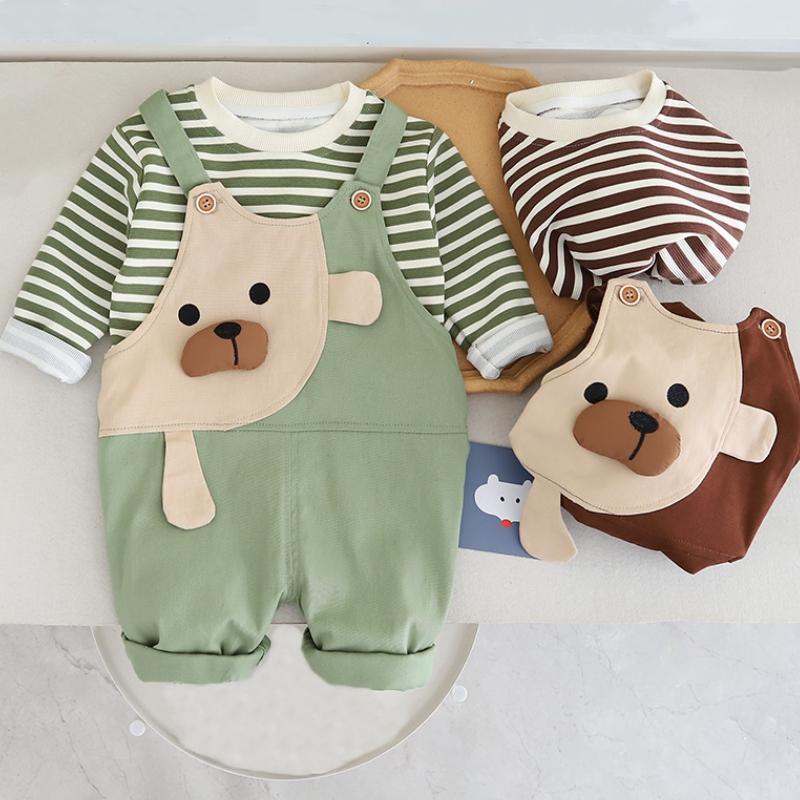 

Комплект одежды для мальчиков и девочек из 2 предметов: хлопковые полосатые топы + свободные штаны с подтяжками с рисунком из мультфильма, костюм для малышей, одежда для мальчиков, весна-осень 80 коричневый