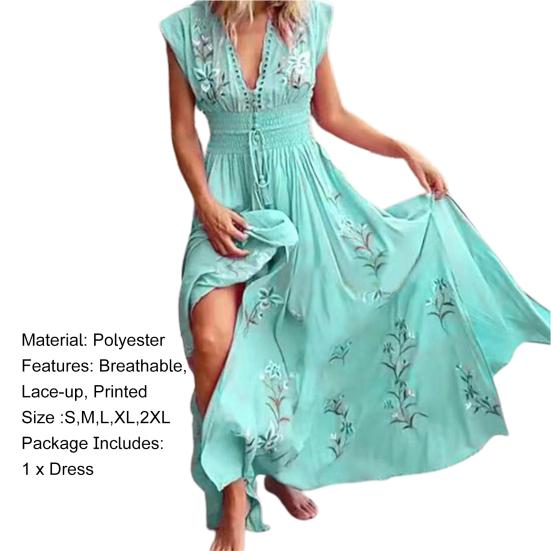 Women Dress Floral Print Lace-up Summer Bohemian Vintage Maxi Dress for Beach