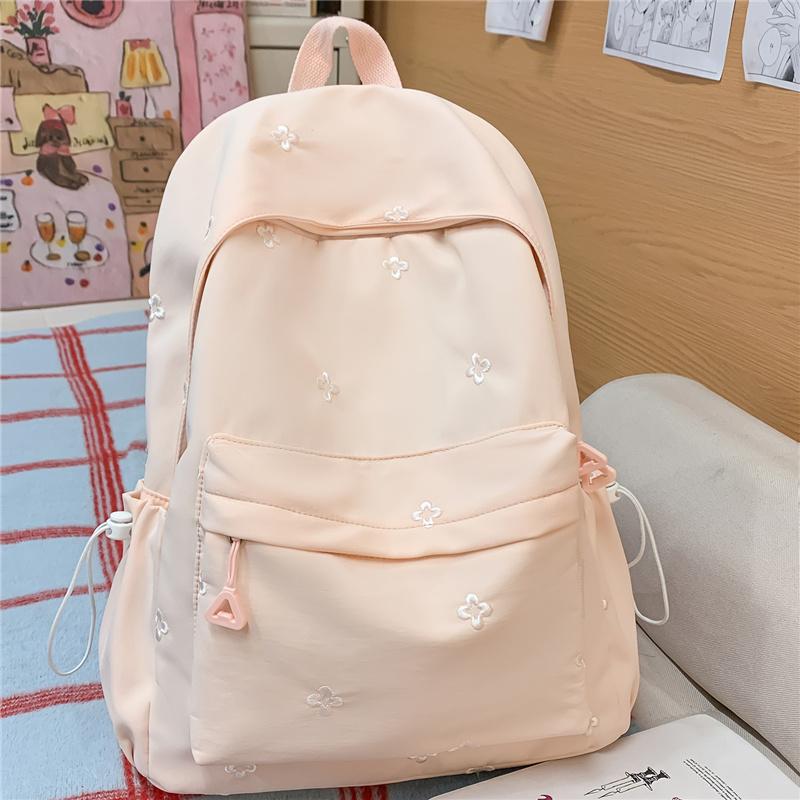 Cute Floral Embroidered Nylon Backpack for Women & Teens – Pastel Green Design with Multiple Pockets, Perfect for School and Daily Use