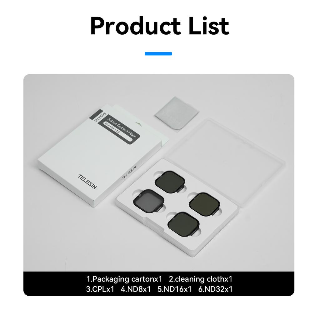 TELESIN ND8 ND16 ND32 ND64 CPL Lens Filter Set Aluminium Alloy Frame for GoPro Hero 13 Action Camera ND CPL Lens Filter