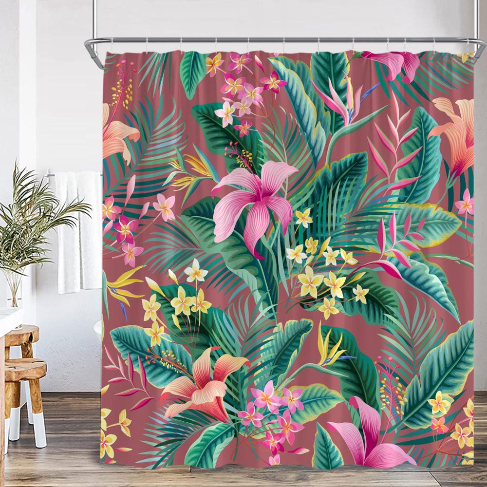 Tropical Leaf Shower Curtain Green Leaves Tropics Jungle Flower Floral Bathroom Decor Plants Polyester Bathtub Curtain with Hook