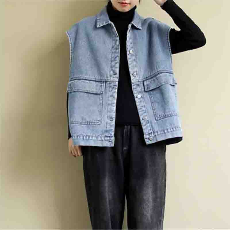 Chaqueta de mezclilla fina sin mangas de un solo pecho para mujer, estilo retro literario y artístico, de talla grande, holgada, combinable e informal, de primavera y verano