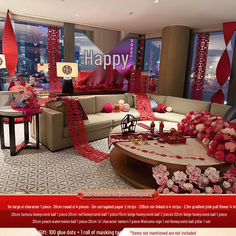 Complete Wedding Room Decoration Set: Non-Damaging Decor for Bride's Family Living Room and Bedroom