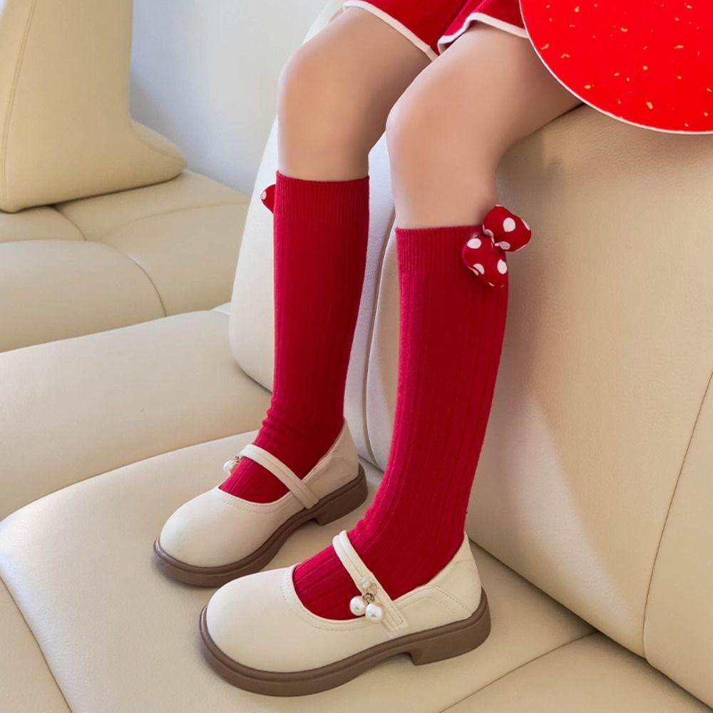 Cotton Bow Hosiery for Kids Middle Tube Children Long Socks Cute New Year Red Socks  Home Socks