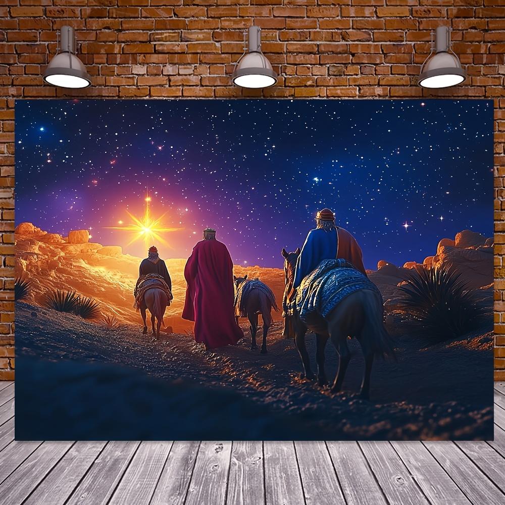 1 Stück Krippenszene Wandteppich Hintergrund Langlebig Polyesterstoff Sternennacht Wüstenszene mit Silhouetten der Drei Weisen