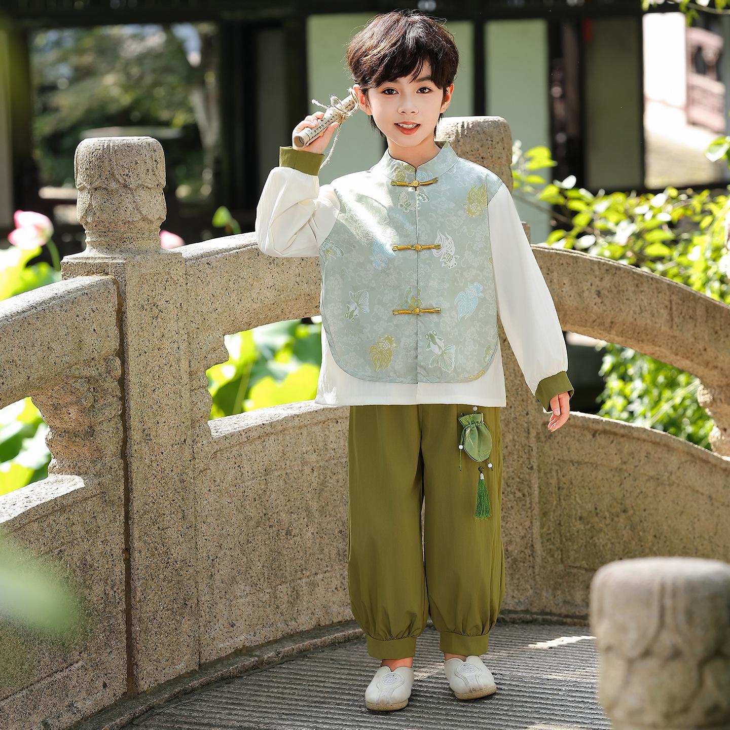 

Комплект детского ханьфу танского костюма с длинным рукавом для мальчиков - Детский костюм в китайском стиле для Праздника середины осени 150 cm зелёный