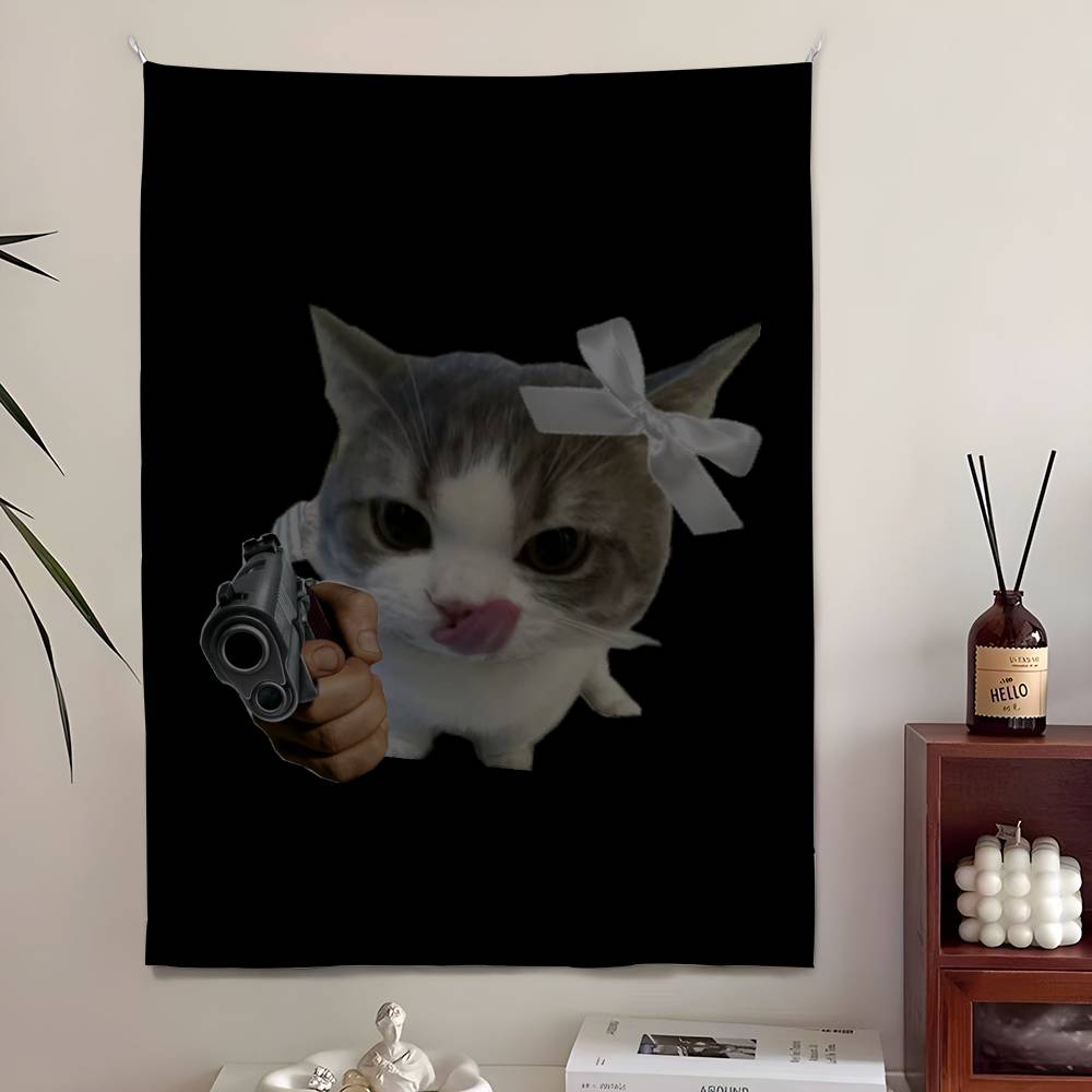 Funny Cute Cat Tapestry Bedroom Living Bar Garden Outdoor Microfiber Festival Decoration Background Art Banner